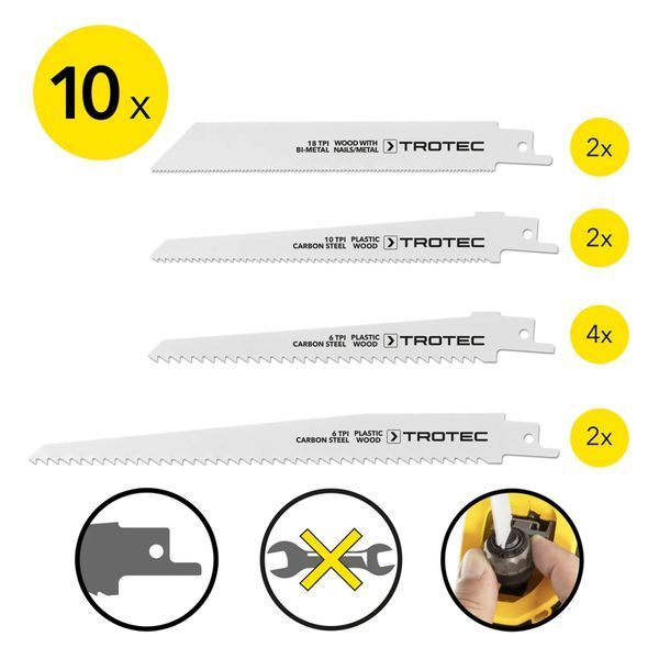 Набір пиляльних полотен для пили шабельної Trotec 10 pieces Wood/Metal/Plastic Set (6215001205) купити в Україні