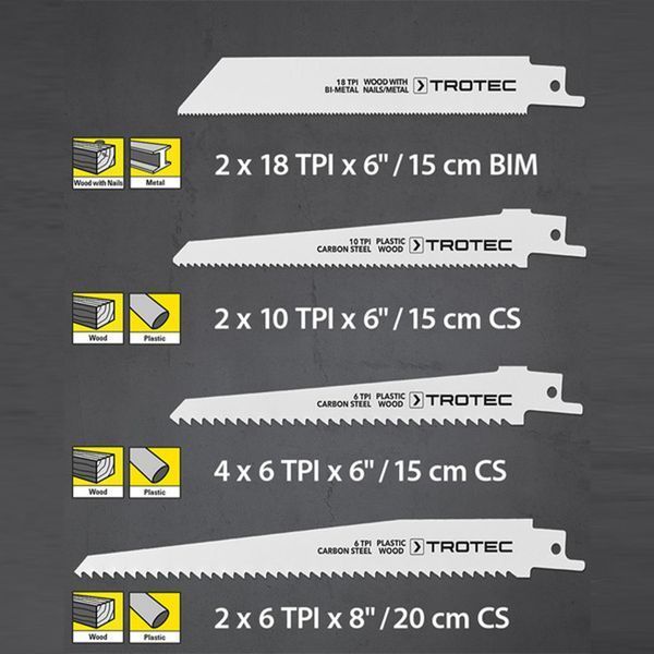 Набір пиляльних полотен для пили шабельної Trotec 10 pieces Wood/Metal/Plastic Set (6215001205) купити в Україні