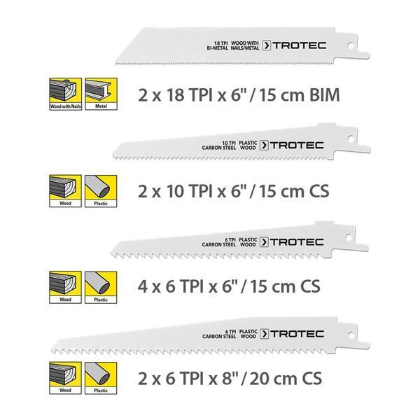 Набір пиляльних полотен для пили шабельної Trotec 10 pieces Wood/Metal/Plastic Set (6215001205) купити в Україні